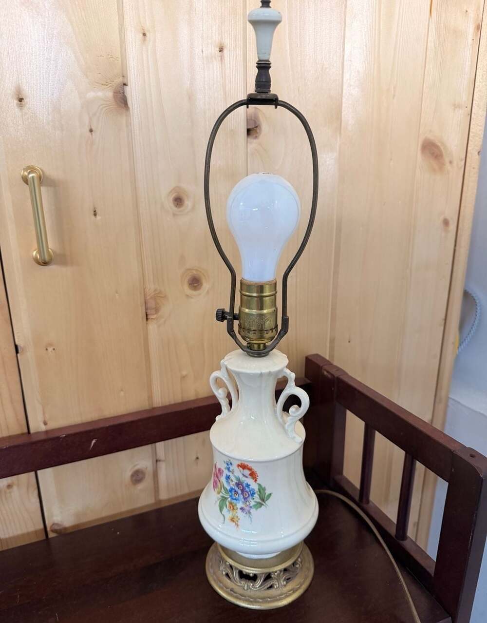 Vintage Porcelain Brass Floral Urn Table Lamp Hand Painted Cottage Grandma Decor